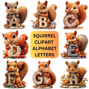 Bébé animaux de la forêt écureuil Clipart lettres de l'alphabet PNG Bundle, clipart animaux lettres numériques et imprimables, maternelle et images de porte