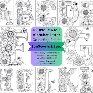 Páginas para colorear de letras del alfabeto para imprimir, girasoles y abejas, archivos PDF, hojas para colorear en escala de grises con arte floral botánico intrincado para adultos