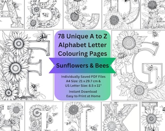 Sunflower and Bee Printable Alphabet Letter Coloring Pages PDF Files, Intricate Adult Botanical Floral Flower Art Colouring Grayscale Sheets