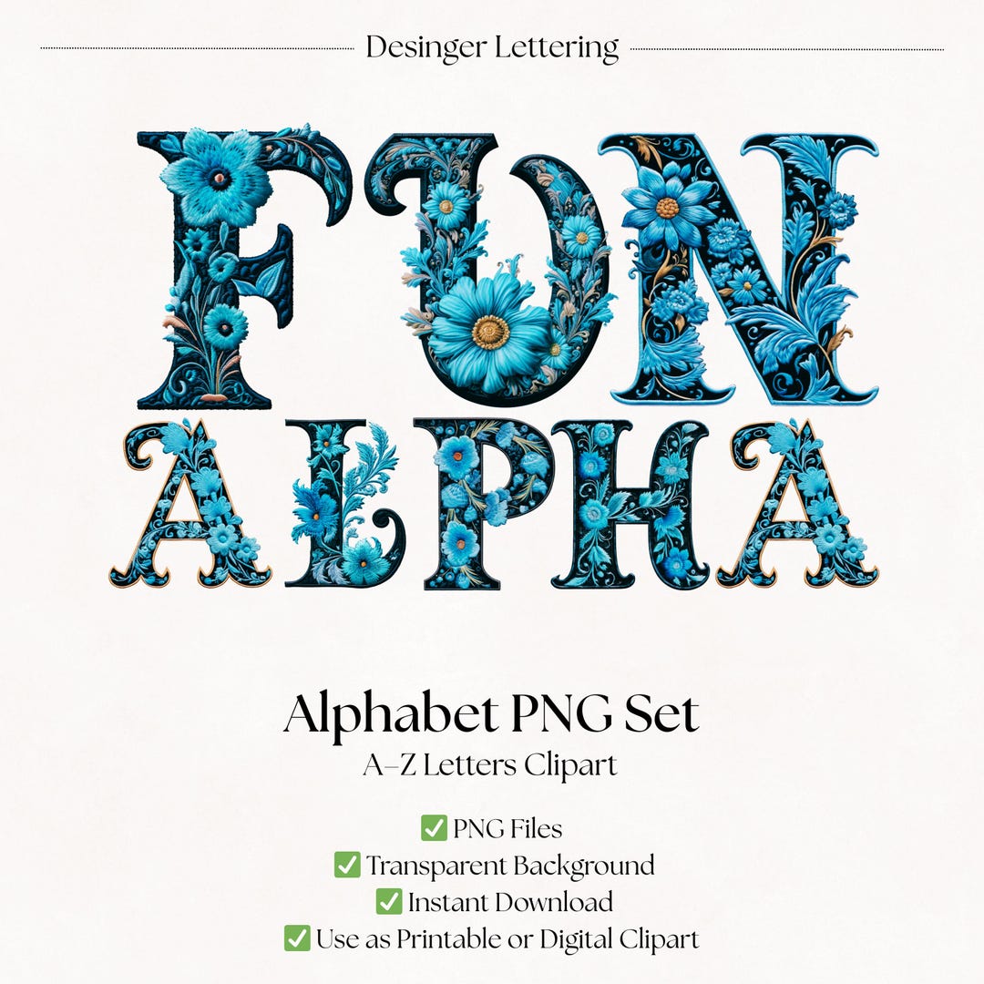 Flower Clipart Alphabet Letters | Blue Floral PNG Font Designs ...