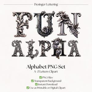 Gothic Silver Rose Clipart Alphabet Letters | Floral Medieval Typography Designs | Flower Fonts