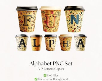 Letras del alfabeto de café / Imágenes PNG de café / Clipart de taza de café para llevar / Descarga digital