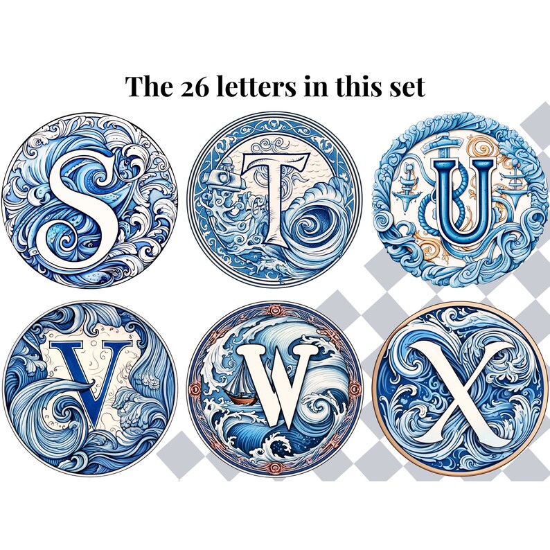 May include: Six circular designs featuring the letters S, T, U, V, W, and X in a blue and white color scheme. Each letter is surrounded by stylized waves and nautical imagery.