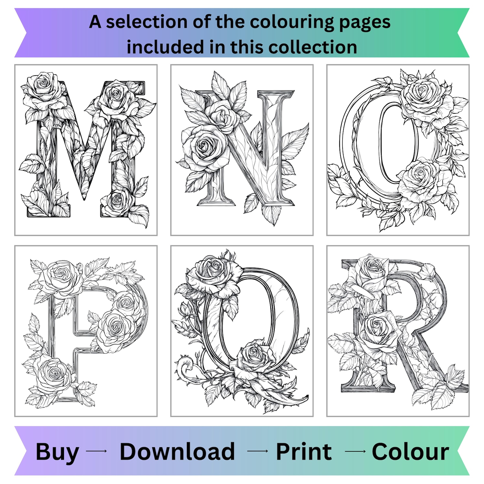 Floral Roses Alphabet Letter Art Coloring Pages, Flower Adult Colouring ...