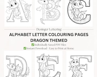 Dragon Alphabet Coloring Pages: A-Z Greyscale Fantasy Art (Digital Download)