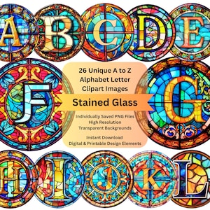 Stained Glass Clipart Alphabet Letters PNG Files for Digital Download, Scrapbooking Vintage Ephemera Junk Journal, DIY Cricut Art and Crafts