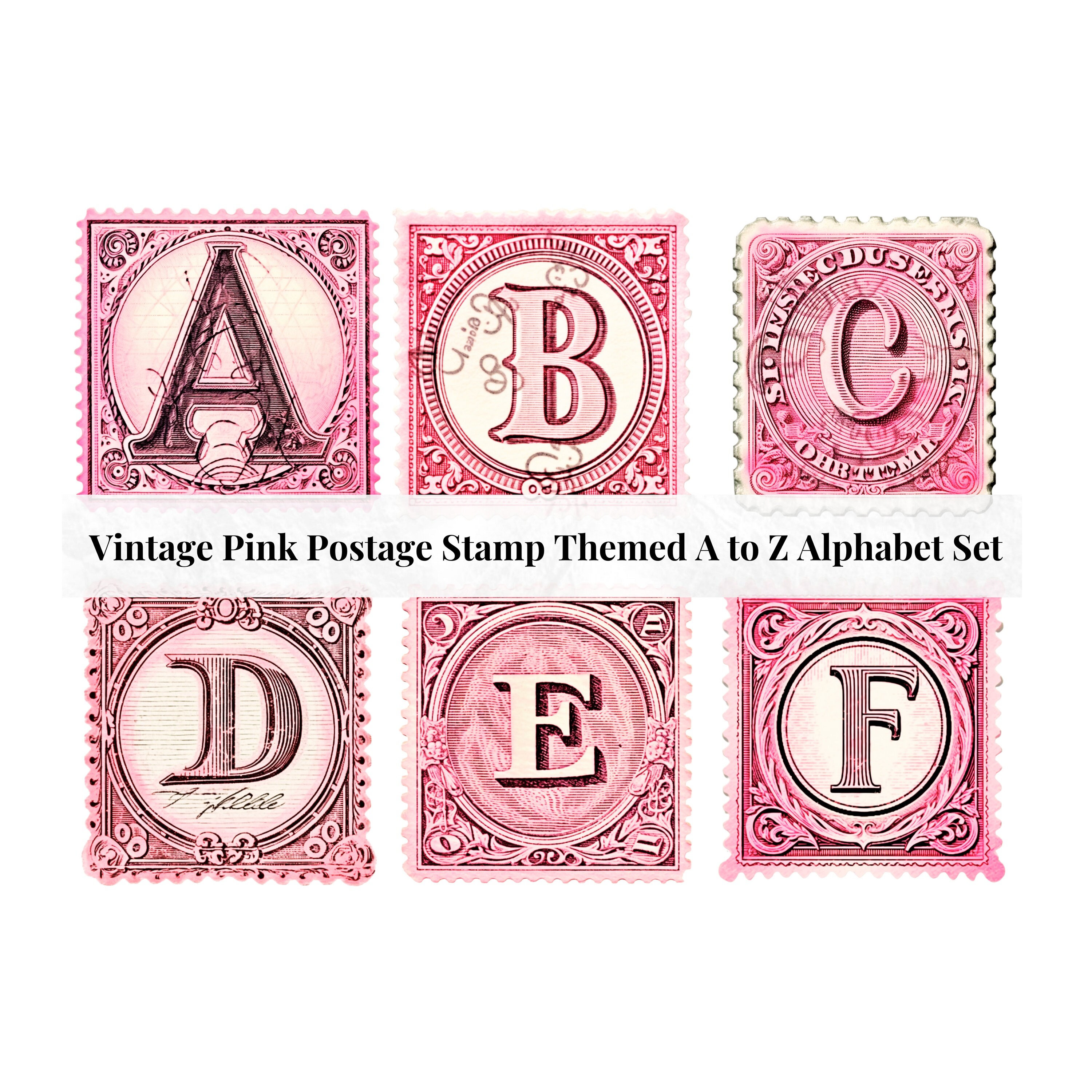 Set of 26 A to Z Alphabet Letters - Vintage Postage Stamp Theme by