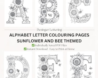 Sunflower and Bee Alphabet Coloring Pages | Floral PDF Printable Grayscale Coloring Sheets