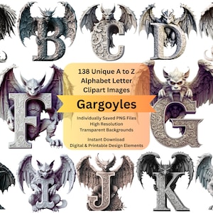 Halloween Gargoyle Clipart Alphabet Letters for Digital Download Commercial Use Font Bundle, Cricut Crafts, Gothic Junk Journal Scrapbooking