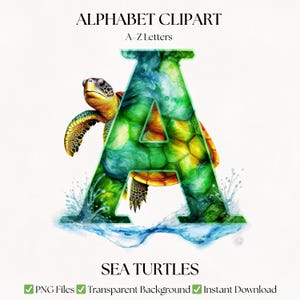 Sea Turtle Clipart Alphabet Letters | PNG Ocean Font Designs | Watercolor Typography | Digital Download