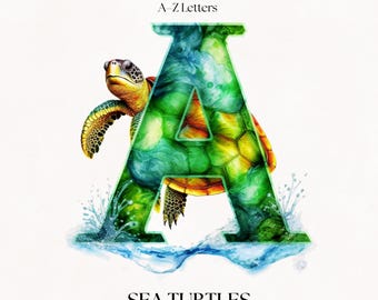 Sea Turtle Clipart Alphabet Letters | PNG Ocean Font Designs | Watercolor Typography | Digital Download
