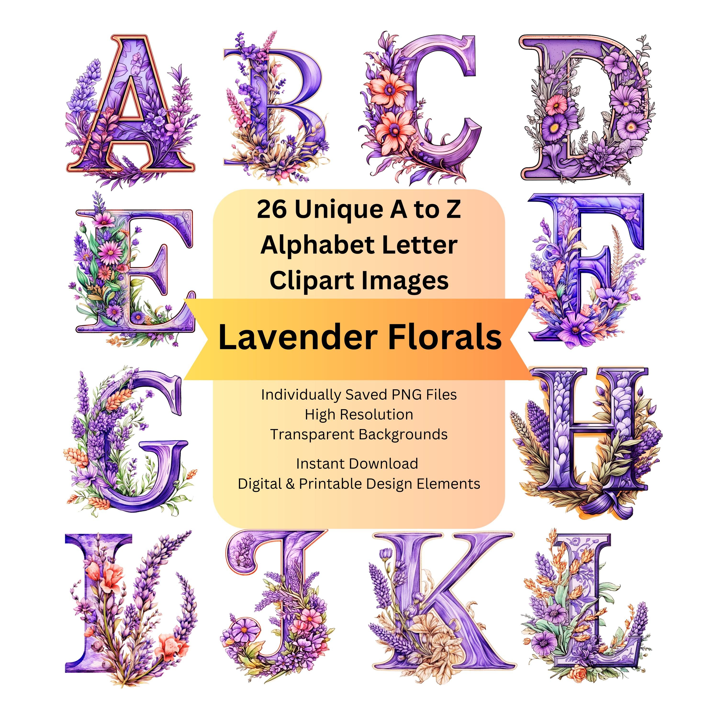 Floral Alphabet Letters PNG for Digital Download Junk Journal Kit, Cricut Fonts, Lavender Clipart, Commercial Use Graphics & Scrapbooking