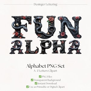 Letras del alfabeto de serpientes / Fuentes góticas PNG / Letras decorativas de animales / Tipografía espeluznante de Halloween