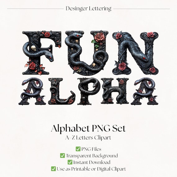 Snake Clipart Alphabet Letters | Gothic Fonts PNG | Decorative Animal Lettering | Spooky Halloween Typography