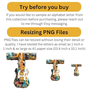 May include: The image showcases three guitar-shaped designs, each in a different size. The guitars have a colorful, artistic design. Text at the top says "Try before you buy" and "Resizing PNG Files". The text also mentions the ability to resize the PNG files.