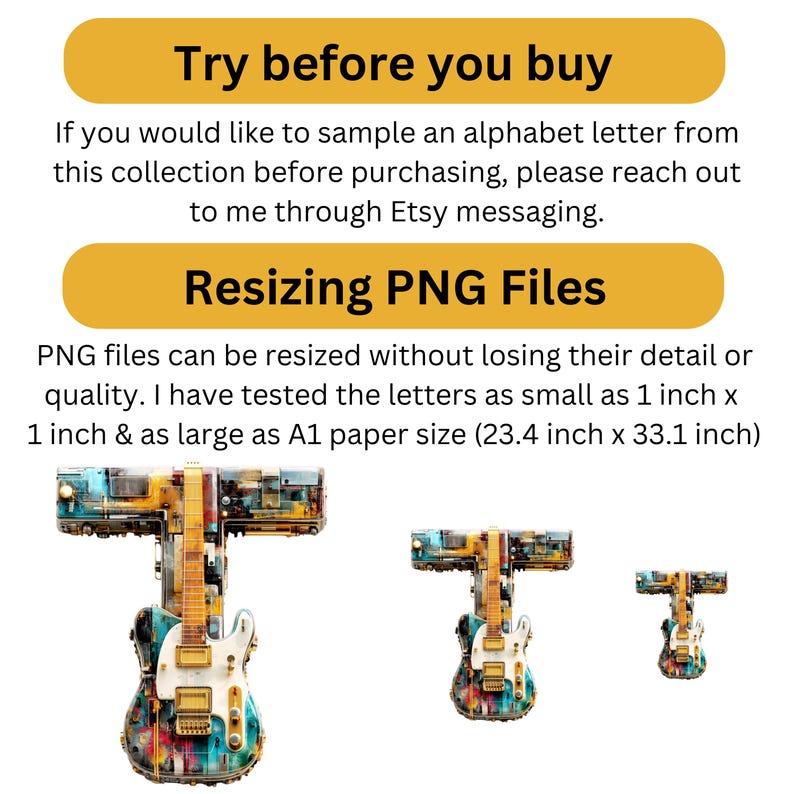 May include: The image showcases three guitar-shaped designs, each in a different size. The guitars have a colorful, artistic design. Text at the top says "Try before you buy" and "Resizing PNG Files". The text also mentions the ability to resize the PNG files.