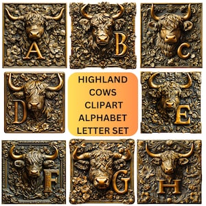 Highland Cow Clipart Farm Animal PNG Alphabet Letters for Fonts for Cricut, Cute Cows Clip Art Bundle, Digital Sticker & Printable Stickers