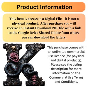 May include: A black and white digital illustration of the letter K with a snake wrapped around it. The letter is decorated with roses, skulls, and other gothic details. This is a digital download for commercial use.