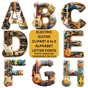 May include: A collection of letters A, B, C, D, E, F, G, and H, each designed with electric guitars and electronic components. The letters are part of an alphabet set, with the text "ELECTRIC GUITAR CLIPART A to Z ALPHABET LETTER FONTS" visible.