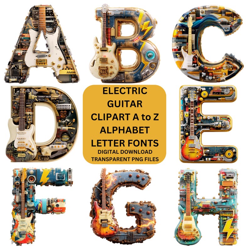 May include: A collection of letters A, B, C, D, E, F, G, and H, each designed with electric guitars and electronic components. The letters are part of an alphabet set, with the text "ELECTRIC GUITAR CLIPART A to Z ALPHABET LETTER FONTS" visible.