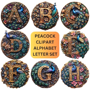 Letras do alfabeto PNG de clipart de pavão para designs Cricut, clipart de pássaros, imprimíveis de penas, gráficos digitais, criação de cartões e scrapbooking