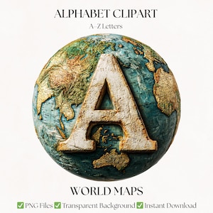 Vintage World Map Clipart Alphabet Letters | Travel PNG Typography | Digital Download