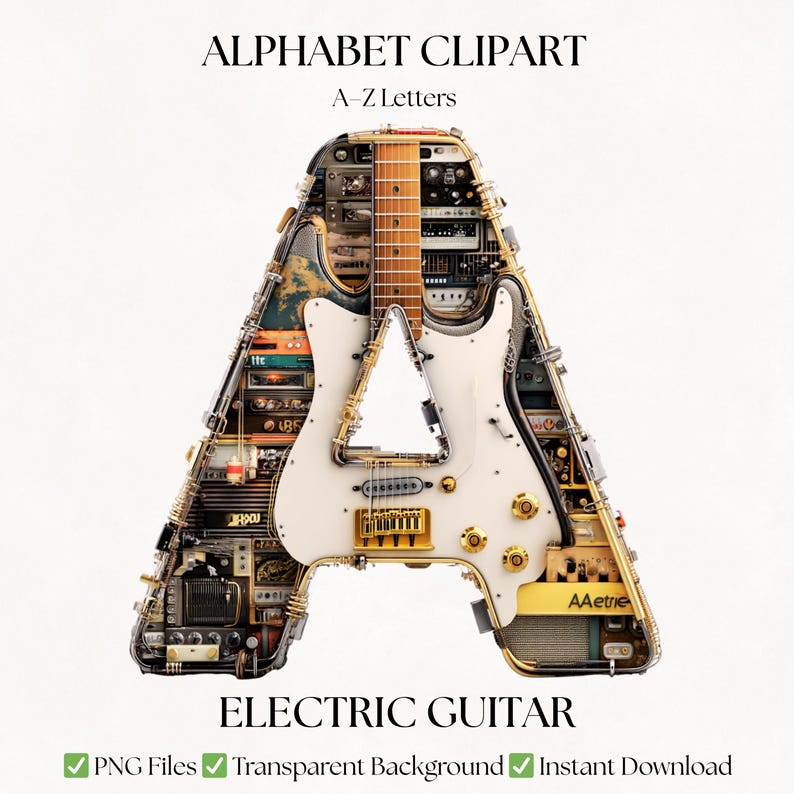 Electric Guitar Alphabet Clipart: Rock and Roll Music PNG Fonts (Digital Download) image 1