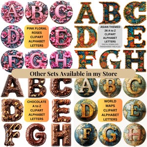 K&ouml;nnte beinhalten: Eine Sammlung von Buchstaben in verschiedenen Stilen. Enth&auml;lt rosa Blumenbuchstaben, Buchstaben im asiatischen Stil, Schokoladenbuchstaben und Weltkartenbuchstaben. Das Bild enth&auml;lt auch Text: "Pink Floral Roses Clipart Alphabet Letters", "Asian Themed 26 A to Z Clipart Alphabet Letters Digital Download Transparent PNG Files", "Chocolate A to Z Clipart Alphabet Letters" und "World Maps Clipart Alphabet Letters".