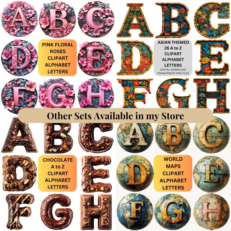 K&ouml;nnte beinhalten: Eine Sammlung von Buchstaben in verschiedenen Stilen. Enth&auml;lt rosa Blumenbuchstaben, Buchstaben im asiatischen Stil, Schokoladenbuchstaben und Weltkartenbuchstaben. Das Bild enth&auml;lt auch Text: "Pink Floral Roses Clipart Alphabet Letters", "Asian Themed 26 A to Z Clipart Alphabet Letters Digital Download Transparent PNG Files", "Chocolate A to Z Clipart Alphabet Letters" und "World Maps Clipart Alphabet Letters".