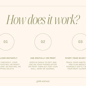 May include: A beige graphic with the text "How does it work?" and three numbered steps. The steps describe downloading, using digitally or printing, and starting a 30-day glow-up. The brand name "golde and soul" is at the bottom.