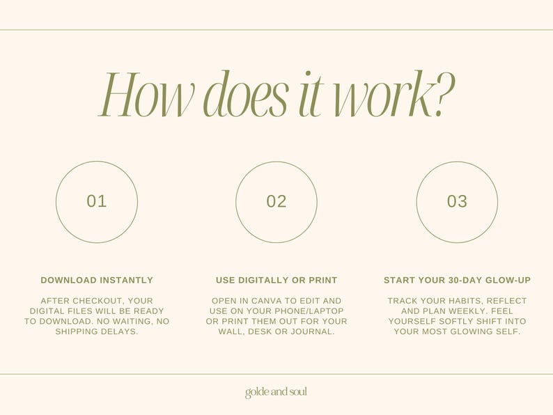 May include: A beige graphic with the text "How does it work?" and three numbered steps. The steps describe downloading, using digitally or printing, and starting a 30-day glow-up. The brand name "golde and soul" is at the bottom.