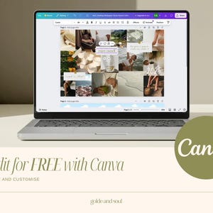 May include: A laptop displaying a Canva design with a collage of images. The screen shows a mood board with photos of nature, fashion, and lifestyle elements. The text "Edit for FREE with Canva" is visible below the laptop.