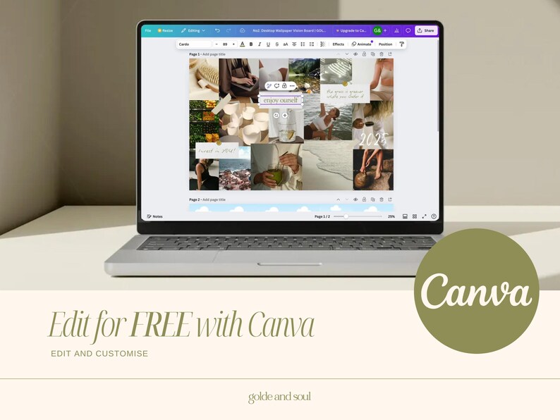May include: A laptop displaying a Canva design with a collage of images. The screen shows a mood board with photos of nature, fashion, and lifestyle elements. The text "Edit for FREE with Canva" is visible below the laptop.