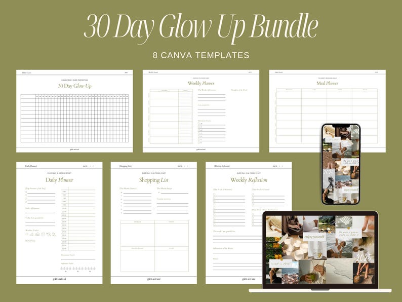 May include: A digital product bundle titled "30 Day Glow Up Bundle" with eight Canva templates. The templates include a 30-day tracker, weekly and daily planners, a shopping list, a meal planner, and a weekly reflection sheet. A laptop and phone display the templates.