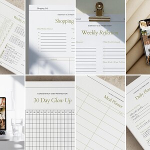 May include: A collection of white paper planners and a laptop. The planners include a weekly planner, shopping list, weekly reflection, meal planner, and daily planner. The laptop displays a collage of images. The text "30 Day Glow Up" is visible.