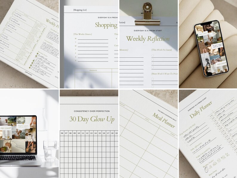 May include: A collection of white paper planners and a laptop. The planners include a weekly planner, shopping list, weekly reflection, meal planner, and daily planner. The laptop displays a collage of images. The text "30 Day Glow Up" is visible.