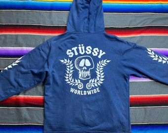 Vintage Stussy Zipped Up Hoodie Skull Design Faded Blue