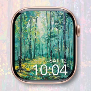 May include: A rose gold smartwatch displays a forest scene with a path, trees, and sunlight. The watch face shows the date, Saturday the 12th, and the time, 10:04. The watch has a rectangular screen with rounded corners.