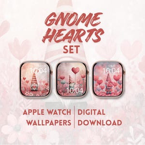 Pode incluir: Papéis de parede digitais para Apple Watch com designs de gnomos e corações. A imagem mostra três mostradores de relógio com diferentes ilustrações de gnomos, rodeados por flores e corações cor-de-rosa. O texto "Gnome Hearts Set" é exibido acima dos mostradores.