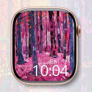 May include: A gold smartwatch displays a vibrant, impressionistic forest scene in pink and purple hues. The time is 10:04 AM on Saturday, the 12th. The watch has a rounded rectangular face and a gold band.