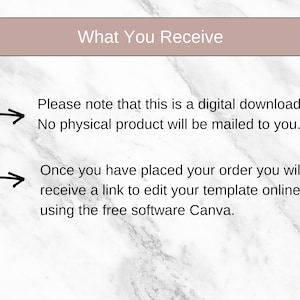 K&ouml;nnte beinhalten: Eine Grafik f&uuml;r einen digitalen Download mit wei&szlig;em Text auf hellbraunem Hintergrund. Der Text lautet "What You Receive" und enth&auml;lt zwei Aufz&auml;hlungspunkte mit Pfeilen. Der erste Aufz&auml;hlungspunkt lautet "Bitte beachten Sie, dass dies ein digitaler Download ist. Es wird kein physisches Produkt an Sie versandt." Der zweite Aufz&auml;hlungspunkt lautet "Sobald Sie Ihre Bestellung aufgegeben haben, erhalten Sie einen Link, um Ihre Vorlage online mit der kostenlosen Software Canva zu bearbeiten."
