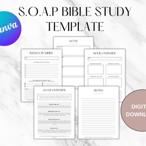 May include: A printable digital download template for a SOAP Bible study. The template includes a weekly planner, book overview, and SOAP overview sections. The template is designed in black and white with a minimalist aesthetic.
