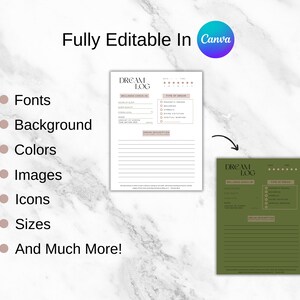 K&ouml;nnte beinhalten: Editierbare druckbare Traumtagebuchvorlage in Canva. Die Vorlage hat einen wei&szlig;en Hintergrund mit schwarzem Text und einen gr&uuml;nen Hintergrund mit wei&szlig;em Text. Die Vorlage enth&auml;lt Abschnitte f&uuml;r Wellness-Check-in, Traumtyp und Traumbeschreibung.