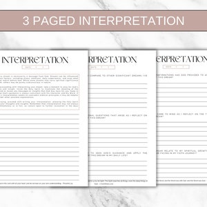 K&ouml;nnte beinhalten: Ein dreiseitiges druckbares Tagebuch zur Interpretation von Tr&auml;umen. Die Seiten sind wei&szlig; mit schwarzem Text und Zeilen zum Schreiben. Der Text enth&auml;lt die W&ouml;rter "Interpretation", "Vergleich mit anderen bedeutenden Tr&auml;umen, die ich hatte", "Best&auml;tigungen hat Gott gegeben, um diesen Traum zu best&auml;tigen?", "Zus&auml;tzliche Fragen, die auftauchen, wenn ich &uuml;ber diesen Traum nachdenke", "Um Gottes F&uuml;hrung zu suchen und den Traum in meinem t&auml;glichen Leben anzuwenden", "Wie bezieht sich dieser Traum auf mein spirituelles Wachstum oder die Herausforderungen, denen ich in meinem Glaubensweg begegne?"