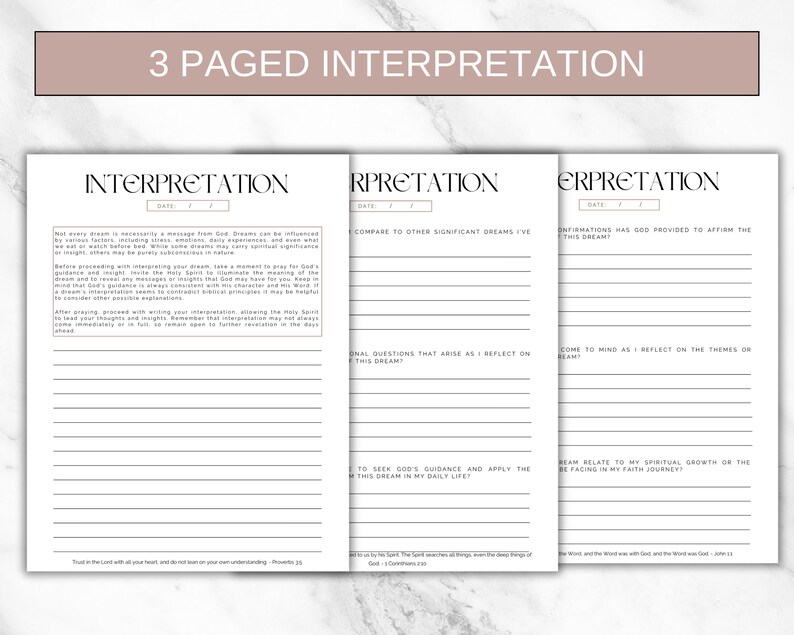 K&ouml;nnte beinhalten: Ein dreiseitiges druckbares Tagebuch zur Interpretation von Tr&auml;umen. Die Seiten sind wei&szlig; mit schwarzem Text und Zeilen zum Schreiben. Der Text enth&auml;lt die W&ouml;rter "Interpretation", "Vergleich mit anderen bedeutenden Tr&auml;umen, die ich hatte", "Best&auml;tigungen hat Gott gegeben, um diesen Traum zu best&auml;tigen?", "Zus&auml;tzliche Fragen, die auftauchen, wenn ich &uuml;ber diesen Traum nachdenke", "Um Gottes F&uuml;hrung zu suchen und den Traum in meinem t&auml;glichen Leben anzuwenden", "Wie bezieht sich dieser Traum auf mein spirituelles Wachstum oder die Herausforderungen, denen ich in meinem Glaubensweg begegne?"