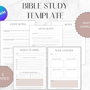 May include: Printable Bible study template with five pages. The pages include sections for study notes, weekly planner, and book overview. The template is designed in a minimalist style with black text on a white background.