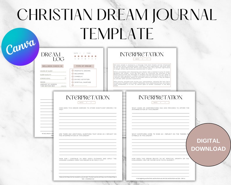 K&ouml;nnte beinhalten: Eine druckbare Vorlage f&uuml;r ein christliches Traumtagebuch in rosa und wei&szlig;. Die Vorlage enth&auml;lt Abschnitte f&uuml;r das Traumtagebuch, die Wellness-Kontrolle, die Art des Traums und die Interpretation. Der Text "Digitaler Download" befindet sich in einem rosa Feld unten rechts auf der Seite.