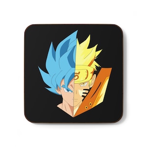 May include: A black square coaster with a graphic of a blue-haired anime character with a yellow-haired anime character on the right side of the image. The characters are facing forward and their faces are split down the middle.
