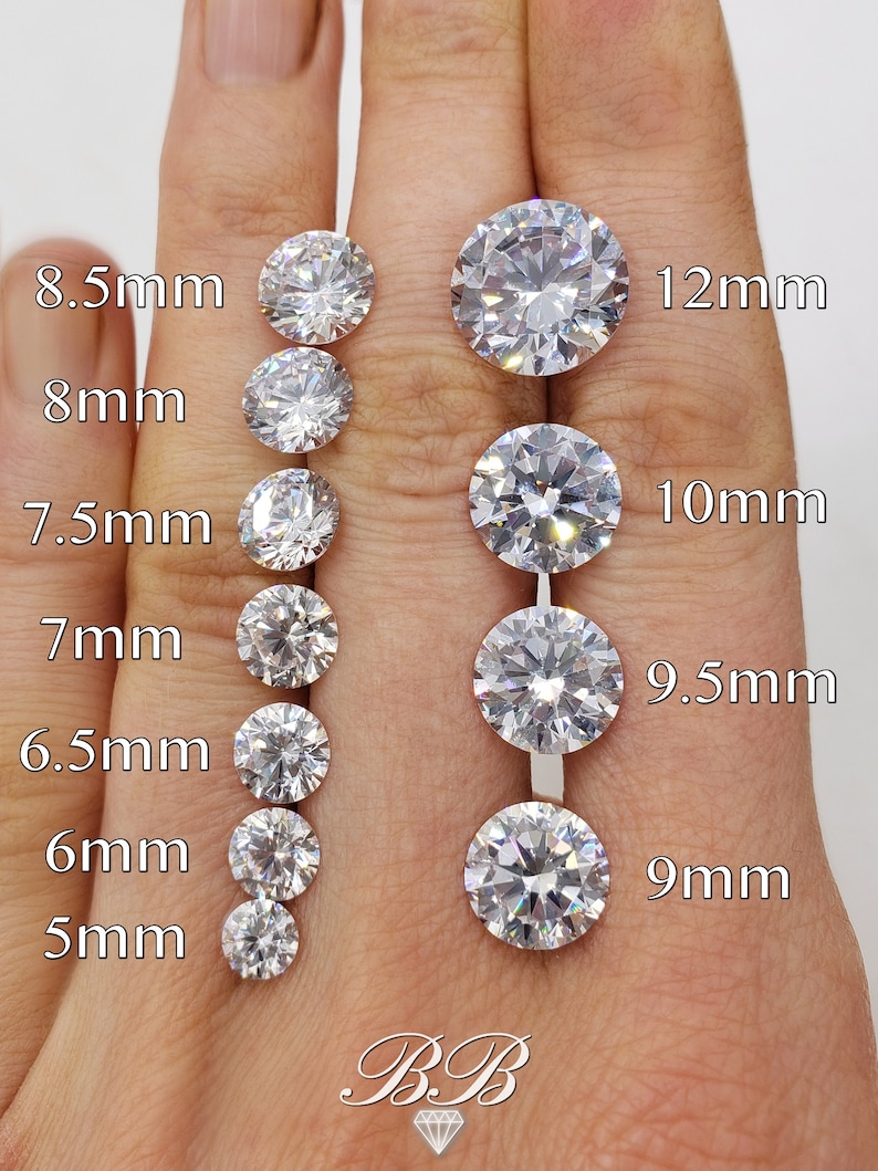 May include: A size comparison chart of round, clear, faceted gemstones. The gemstones range in size from 5mm to 12mm. The chart is labeled with the size of each gemstone in millimeters.