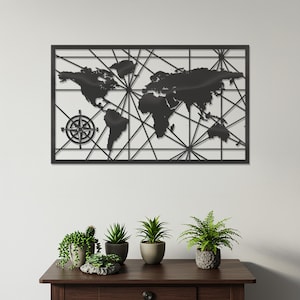 Wereldkaart metalen wanddecoratie, moderne reisdecoratie, geometrische wandsculptuur, metalen wanddecoratie, avontuurlijke decoratie, cadeau voor reizigers